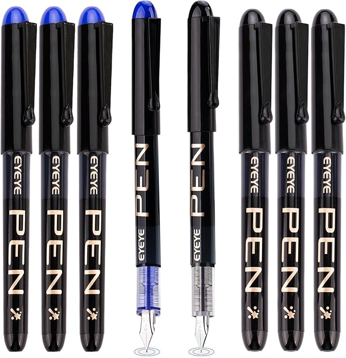 EYEYE Disposable Fountain Pens Fine Point, 4 Black 4 Blue Fountain Pens or Writing, Stainless Steel Nib, Smooth Writing for Calligraphy, Journaling, Drafting, Sketching, Doodling & Office Supplies-DeskLoop Office