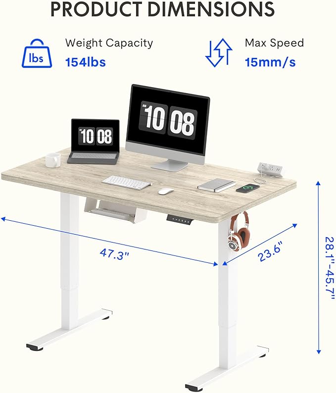 FLEXISPOT EN2 Whole-Piece Standing Desk with Clamp Power Strip, 48 x 24 Electric Stand Up Height Adjustable Desk with Cable Management (White Frame + 48" White Wood Grain Desktop)-DeskLoop Office