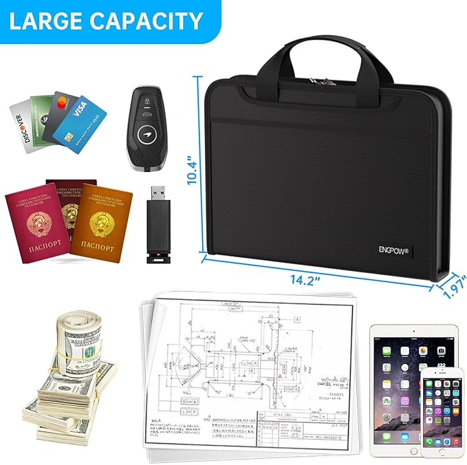 ENGPOW Accordion File Organizer,Fireproof Expanding File Folder with Multi Pockets,13 Pockets Document Organizer with Handle & Labels,Portable Home Travel Safe Storage for Letter A4 Files and More-DeskLoop Office