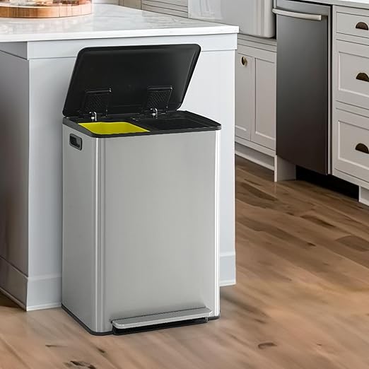 CAPHAUS Dual Trash Can with Lid, Trash and Recycling Bins Combo for Kitchen, Hands-Free Stainless-Steel Garbage Can with 2 Compartment, Hinged Lid, Odor Filter, Handles, 30L+30L, 2 x 8 Gallon-DeskLoop Office