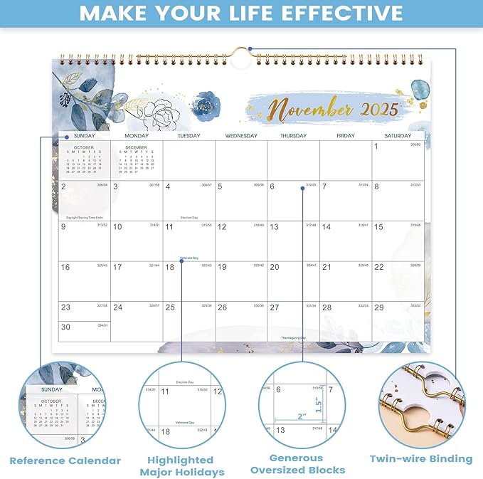 Wall Calendar 2025-2026 – Calendar 2025-2026, 11.5 x 15 In, July 2025 - December 2026, 18 Monthly Calendar, Large Block with Julian Dates, Thick Paper, Holidays, Hanging Hook, Twin-wire Binding-DeskLoop Office
