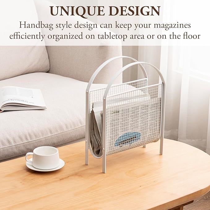 MyGift Mid-Century Design Magazine Rack, Matte Black Tone Metal Mesh Freestanding Magazine Organizer Holder Sling (White)-DeskLoop Office
