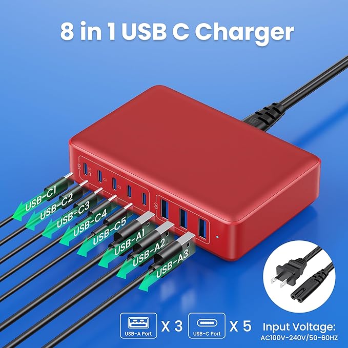 USB C Charger 300W USB C Charger Block 8-Ports GaN IV Fast Charging Station,PD 100W Laptop Charging Hub Wall Charge Adapter Compatible with MacBook/Air,DELL,Steam Desk,iPhone 16/15/14,Galaxy-DeskLoop Office