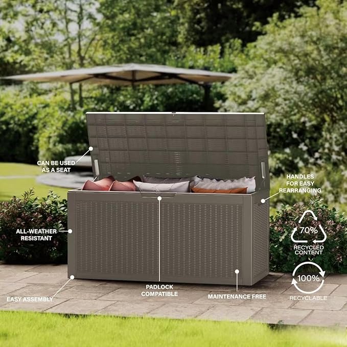 100 Gallon Lockable Resin Deck Box, Waterproof & UV-Resistant Outdoor Storage Box for Outdoor Cushion Storage, Garden Tools & Pool Accessories Storage, Gray-DeskLoop Office