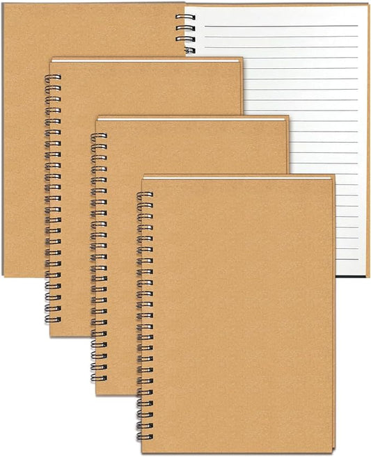 GINMLYDA 4Pack Small Spiral Notebook A5, 8.25x5.5” 120 Lined Pages Wide Ruled Spiral Journal Bulk Blank Kraft Cover Spiral Bound Notebook & Writing Pads for Home Office Meeting Work Note Taking-DeskLoop Office