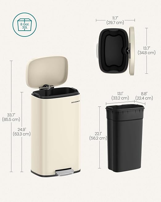 SONGMICS Trash Can with Lid, 8 Gallon Garbage Can, Stainless Steel Small Waste Bin with Step Pedal and Inner Bucket, Soft Close, Kitchen, Sand Beige ULTB003A01-DeskLoop Office