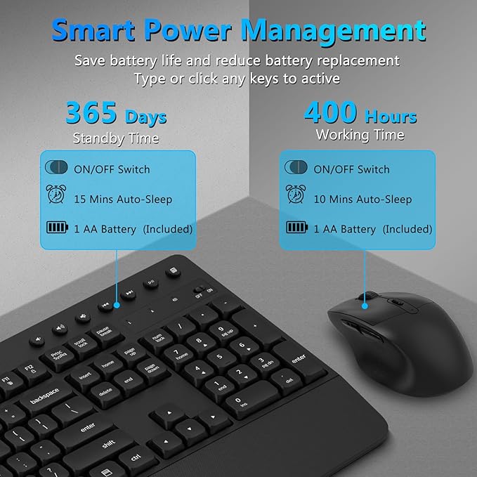 Wireless Keyboard and Mouse Combo, Full-Sized Ergonomic Keyboard with Wrist Rest, Phone Holder, Sleep Mode, Silent 2.4GHz Cordless Keyboard Mouse Combo for Computer, Laptop, PC, Mac, Windows-DeskLoop Office