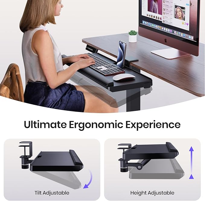 Klearlook Upgraded Adjustable Keyboard Tray for Above Desk & Under Desk Use - Ergonomic Sit-Stand Keyboard Riser with 360° Rotation, 24.4"×10" Keyboard Stand with Wrist Rest & Storage Drawer - Black-DeskLoop Office