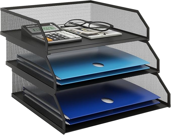 Natwind 3-Tier Stackable Paper Tray, Metal Mesh Desktop Organizer, A4 Desk Organizer, Stackable Letter Trays, File Folder Sorter Organizer with Sliding Tray for Home, Office, School (Black)-DeskLoop Office