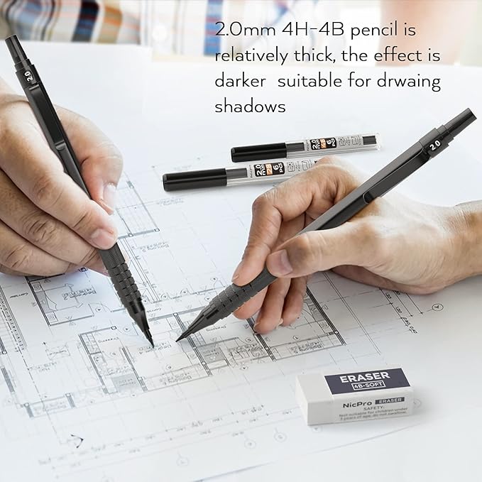 Nicpro Black Metal 2.0 Mechanical Pencil Set with Case, 3 PCS Drafting Lead Holder with 2mm Graphite Lead Refill (HB 2H 4H 2B 4B) & Colors, Sharpeners, Erasers for Artist Writing, Drawing, Sketching-DeskLoop Office