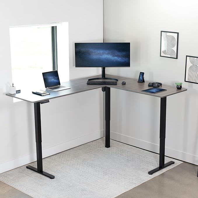 VIVO Electric Corner L-Shaped 75 x 63 in Standing Desk, Memory Height Adjustment, Dark Gray Top Black Frame, DESK-E3CTG-75-DeskLoop Office