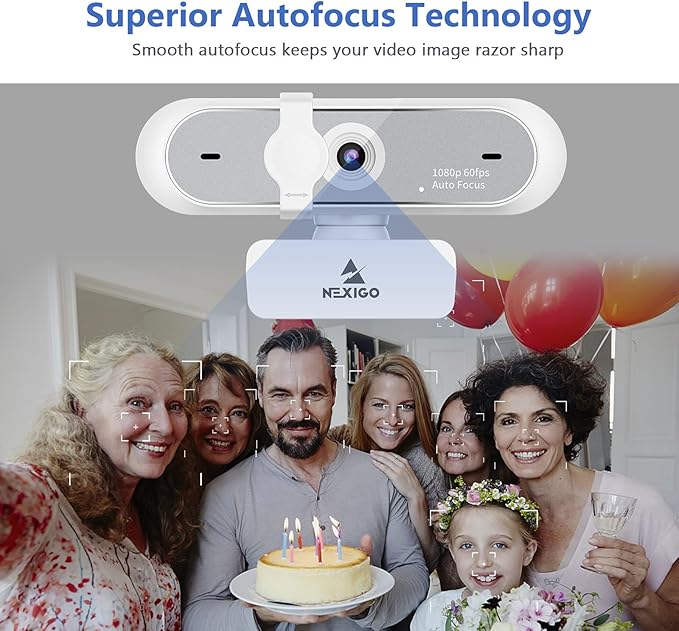NexiGo N660P (Gen 2) 1080P 60FPS Webcam with Software Control, Dual Microphone & Cover, Autofocus, HD USB Computer Web Camera, for OBS/Zoom/Skype/FaceTime/Teams/Twitch, White-DeskLoop Office