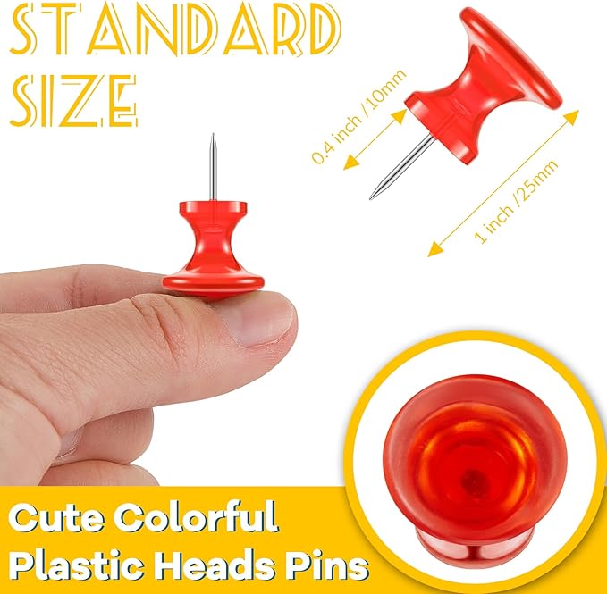 Outus 100 Pcs Giant Push Pins Large Thumb Tacks Plastic Heads 1 Inch Jumbo Push Pins for Cork Board Map Posters Office School(Red, Yellow, Blue, Green, Transparent)-DeskLoop Office