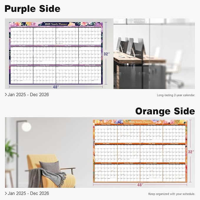 Ospelelf Dry Erase Wall Calendar 2025-2026 Large Laminated Calendar 32'' x 48'' Yearly Office Horizontal 24 Month Calendar, Use Jan 2025 - Dec 2026 (Floral)-DeskLoop Office