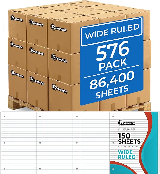 576 Pack (Pallet) Loose Leaf Paper Bulk, 86400 Sheets, Wide Ruled, Pallet of Filler Paper, 150 Sheets/Pack, 8 x 10.5", 56 Gsm Thick Sheets, 3 Hole Punched, School & Office, 4-7 Days Transit-DeskLoop Office