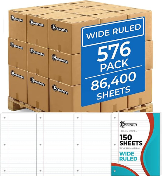 576 Pack (Pallet) Loose Leaf Paper Bulk, 86400 Sheets, Wide Ruled, Pallet of Filler Paper, 150 Sheets/Pack, 8 x 10.5", 56 Gsm Thick Sheets, 3 Hole Punched, School & Office, 4-7 Days Transit-DeskLoop Office