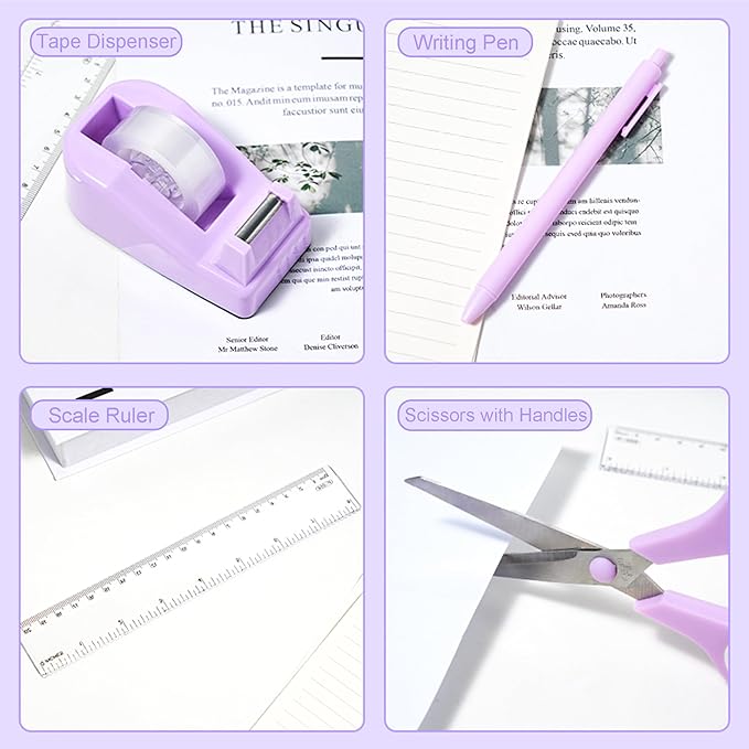 Desk Accessories with Pen Holder, Office Supplies Desk Organizers and Accessories, Tape Dispenser, Stapler, Staple Remover, Staples, Clips Set, Ruler, Scissor, Pen, Tape (Purple)-DeskLoop Office