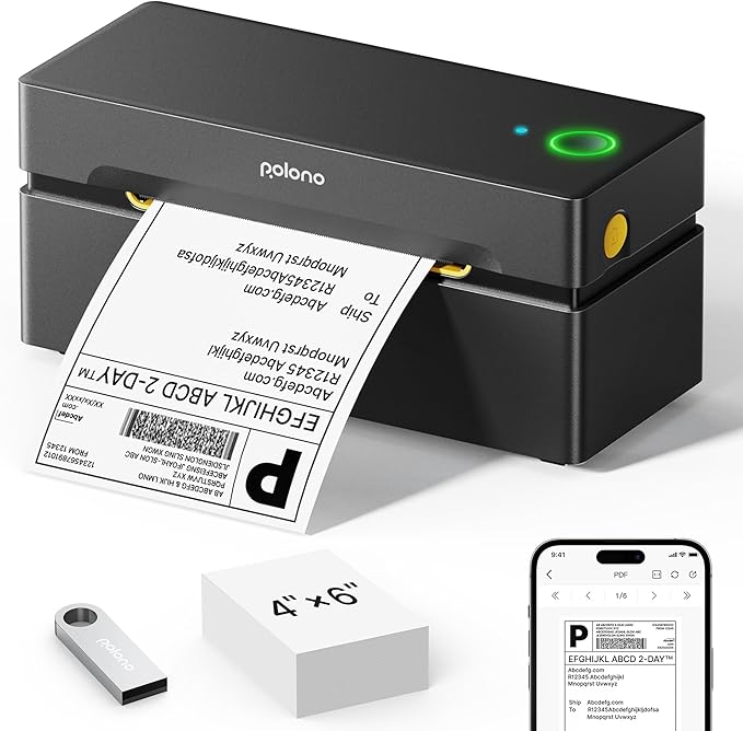 POLONO Bluetooth Thermal Shipping Label Printer, Wireless 4x6 Shipping Label Printer for Small Business, Support iOS, Android, Windows and Mac, Compatible with Amazon, Ebay, Shopify, Etsy, USPS(Black)-DeskLoop Office