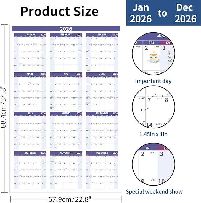 2026 Wall Calendar 34.8" x 22.8" Large Vertical Yearly Wall Hanging Calenda with Julian Date Thick Paper Calendar 12 Month Annual Wall Planner for Wall Office Fridge(Purple)-DeskLoop Office