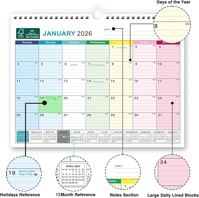 BOCT Wall Calendar 2025-2026 - Includes July 2025 to December 2026-18 Monthly Daily Planner 13 x 9.6 Inches, Julian Dates for New Year Christmas Gifts-DeskLoop Office