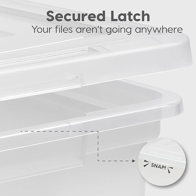 IRIS USA File Box, Plastic File Organizer with Lids for Letter/Legal File, Portable Document Box For Moving, Storage Bin with Durable and Secure Lid, Stackable Nestable BPA-Free, Clear 35 Qt. 4 Pack-DeskLoop Office