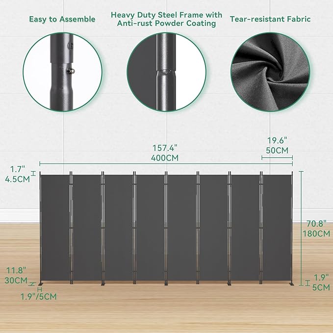 Helios&Hestia 8-Panel 6 ft Tall Indoor Folding Room Divider, Portable Privacy Screen, Freestanding Partition Separator, Temporary Wall Separation for Bedroom, Office, 160" W X 71" H, Dark Grey-DeskLoop Office