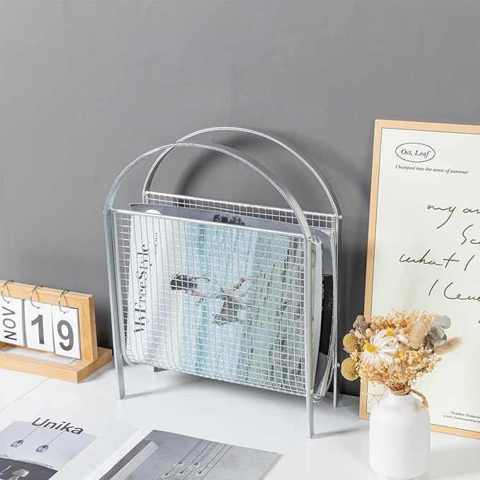 MyGift Mid-Century Design Magazine Rack, Matte Black Tone Metal Mesh Freestanding Magazine Organizer Holder Sling (Silver)-DeskLoop Office