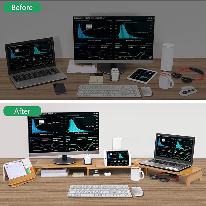 Nnewvante Monitor Stand Riser, 60 inch Large Bamboo Dual Monitor Stand for Desk, 3 Shelves Desktop Screen Riser with Adjustable Length Angle for Computer Laptop PC-DeskLoop Office