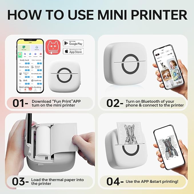 Mini Printer Sticker Thermal Printer with 3 Rolls Paper, Bluetooth Portable Phone Print Pods,Study Sticker Maker for Pictures, Photos, Journals, DIY, Compatible with Phone & Tablet-DeskLoop Office