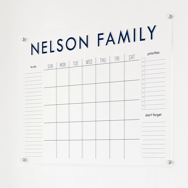 Personalized Clear Acrylic Calendar for Wall, Calendar Whiteboard for Wall, Dry Erase Wall Calendar, Wall Calendar Organizer System for Home (Block, Navy, 38"W x 26"H)-DeskLoop Office