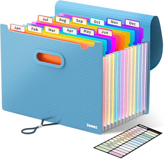 Sooez Upgraded Accordion File Organizer, Expanding File Folder with Deeper 12 Pockets - Never Cover Up Index Tabs, Monthly Bill Paper Receipt Document Organizer, Letter A4 Size for Home Office School-DeskLoop Office