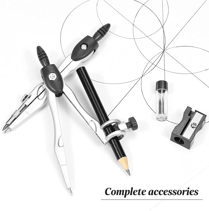 Math Geometry Kit Sets 10 Piece Student Supplies with Shatterproof Storage Box,Includes Rulers,Protractor,Compass,Eraser,Pencil Sharpener,Lead Refills,Pencil,for Drafting and Drawings(Black)-DeskLoop Office