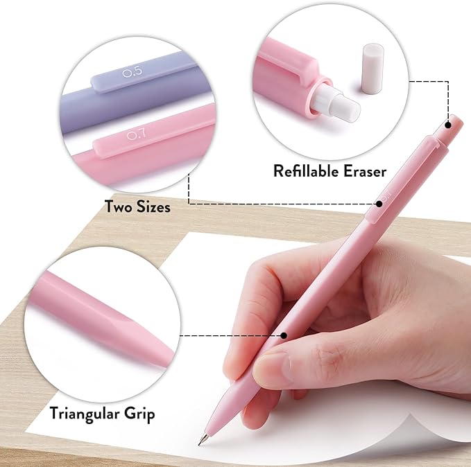 Four Candies Cute Mechanical Pencil Set, 6PCS Pastel Mechanical Pencils 0.5 & 0.7mm with 360PCS HB Leads, 3PCS Erasers and 9PCS Eraser Refills, Aesthetic School Supplies for Girls Writing-DeskLoop Office