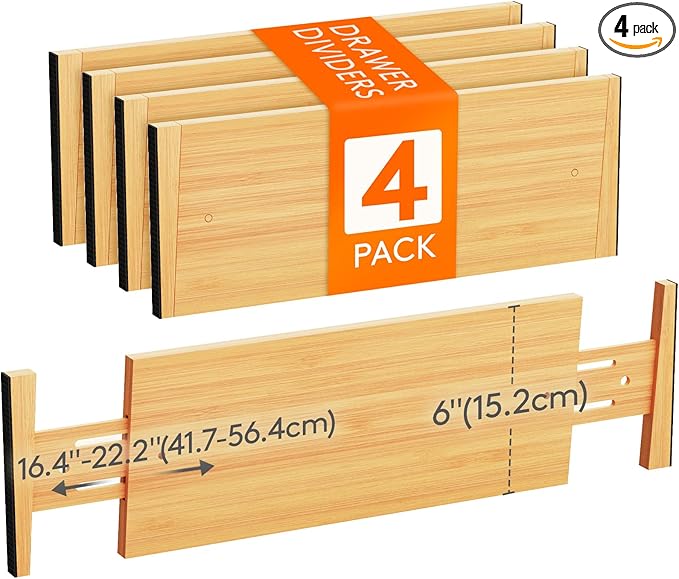 Lifewit 4 Pack Drawer Dividers Bamboo 6" High, 16-22" Adjustable Clothes Drawer Organizers, Expandable Dresser Separators in Bedroom/Bathroom/Kitchen/Office Organization and Storage-DeskLoop Office