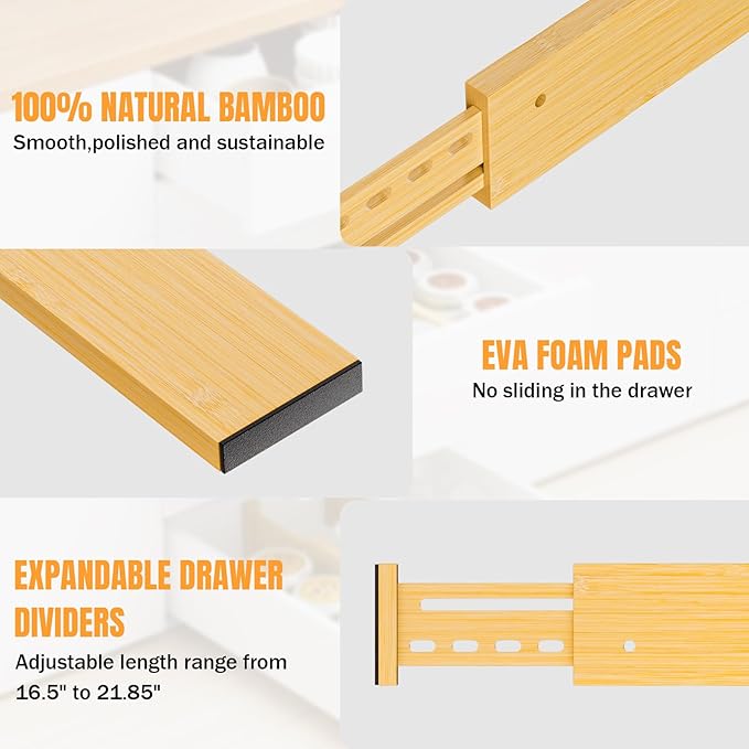 Bamboo Drawer Dividers 4" High, 16.5-22" Adjustable Drawer Organizers for Clothes,Expandable Dresser Separators in Bedroom/Kitchen/Bathroom/Office Organization and Storage,4 Pack-DeskLoop Office