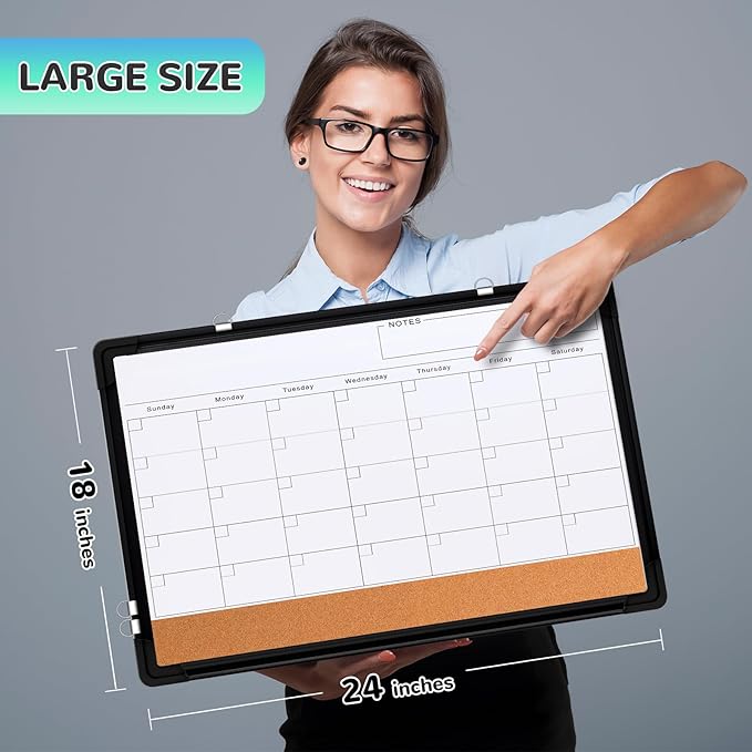 Monthly Calendar Whiteboard, 24"x18" Dry Erase Cork Board Combination for Wall, Magnetic Dry Erase Board, Double-Sided White Board, Portable Board for Office, Kitchen, Planning, Memo, School, Home-DeskLoop Office