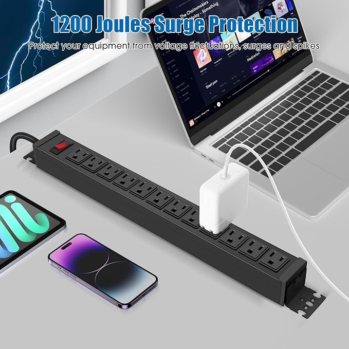 HHSOET Rotating Mountable Power Strip, 12 Outlet Wall Mount Surge Protector, Metal Heavy Duty and Versatile Outlet Strip, Stylish Appearance, Sturdy and Durable, 3ft Power Cord.(Black)-DeskLoop Office