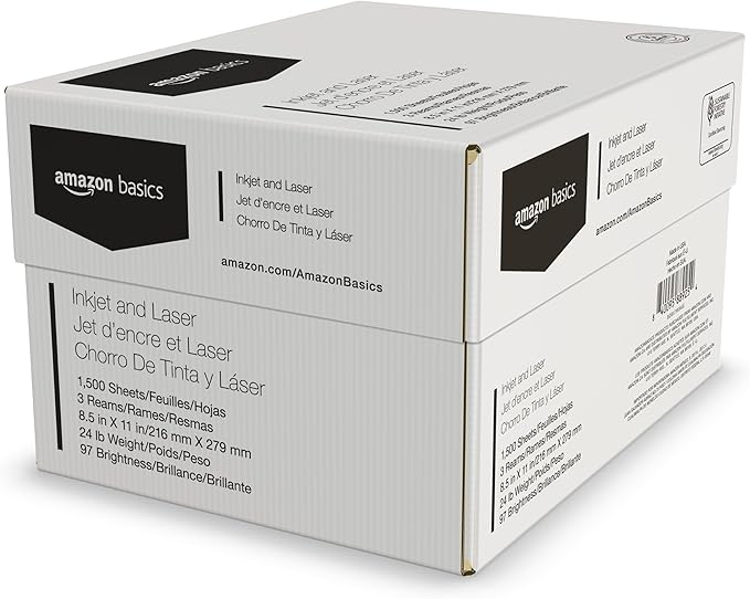 Amazon Basics Multipurpose Copy Printer Paper, 8.5-x-11-inch, 24lb, 1500 Sheets (3 Packs of 500), 97 Bright, White-DeskLoop Office