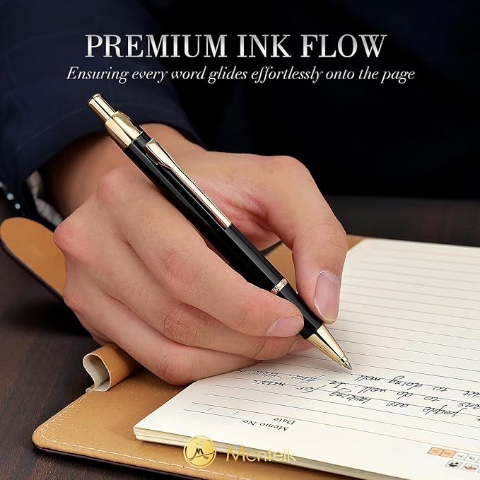 Black Gel Pen With 24K Gold Finish, Fine lacquer work, Best Men's And Women's Gift Pen Set, Professional, ADMOK Black Refill, Smooth Writing, Executive, Office, Click, Nice Retractable Pens-DeskLoop Office