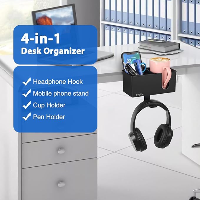 ROSLINE 3-in-1 Clip-on Desk Organizer - Pen, Headphone, and Cup Holder for Expanding Office and Gaming Space (Black)-DeskLoop Office