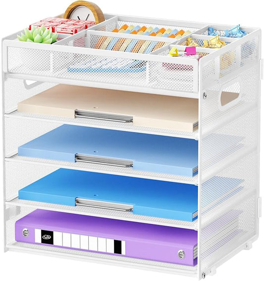 Marbrasse 5-Tier Letter Tray Paper Organizer with Handle, Multi-Functional Mesh File Organizer for Desk, Adjustable Compartments Mesh Desktop Storage for Office Supplies,White-DeskLoop Office
