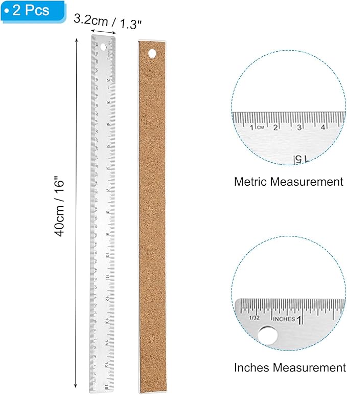 PATIKIL 16 Inch Stainless Steel Ruler Straight Edge Ruler, 2 Pcs Cork Backing Non-Slip Metal Ruler with Inches Centimeter Metric Measuring Tools for Office-DeskLoop Office