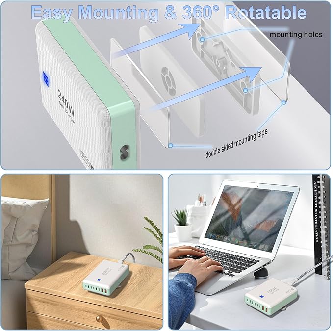 240W Fast Chargers for Multiple Devices 8 Ports, 6 Type C + 2 USB A Charger Block, Charging Station with Slim Flat Plug, 65W Power Hub for Laptops, PD GaN Charger Tower for iPhone, Samsung-DeskLoop Office