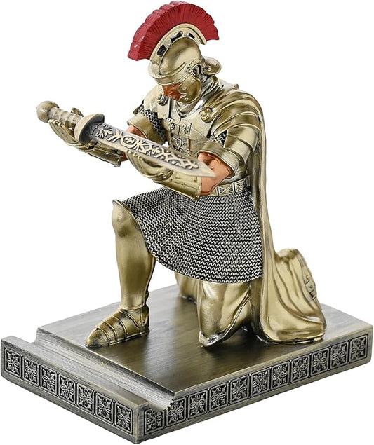 Roman Praetorian Prefect Warrior Knight Pen Holder Desk Ornament Resin Praetorian Guard Mobile Phone Stand Desk Accessories and Organizer for Office with a Letter Opener (Bronze)-DeskLoop Office