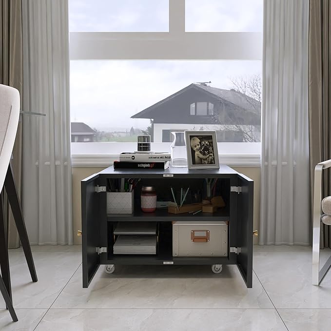 Small Space Printer Stand with Doors, Mini Fridge Stand for Laundry, 3D Printer Stand with Storage, Low Printer Table, Modern Under Desk for Home Office, Small Carts for Scanner, Fax-DeskLoop Office