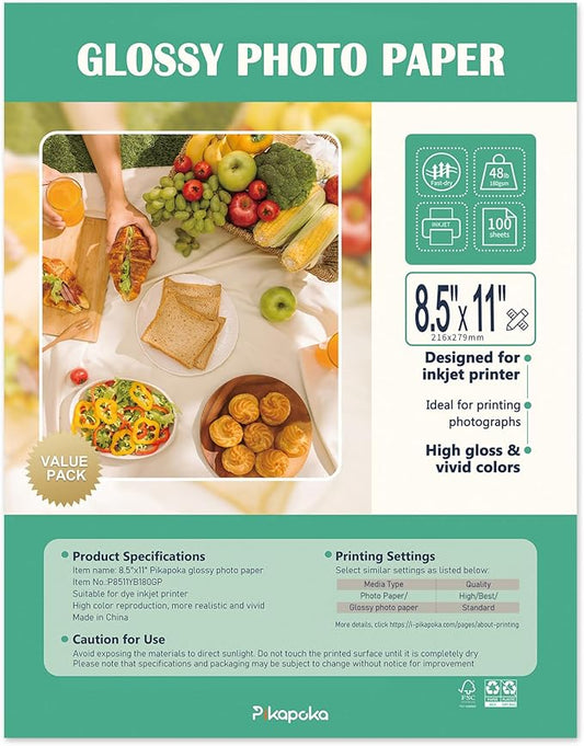 Glossy Photo Paper 8.5x11 48lb, 100 Pack, US Letter Size, for Inkjet Printer, 180 gsm-DeskLoop Office