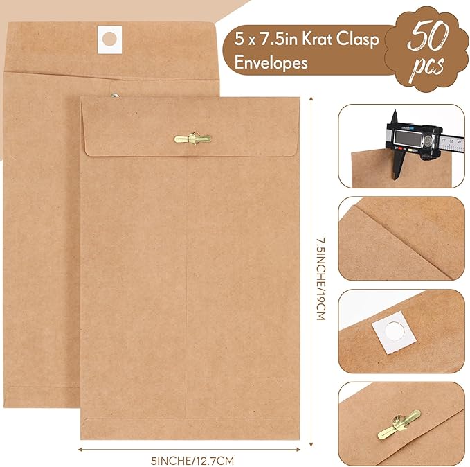Teling 50 Pcs Manilla Envelopes Clasp Kraft Catalog with Closure for Storing Mailing 28 lb Kraft Envelope Paper for Office Document School Business Home(Brown,5 * 7.5)-DeskLoop Office