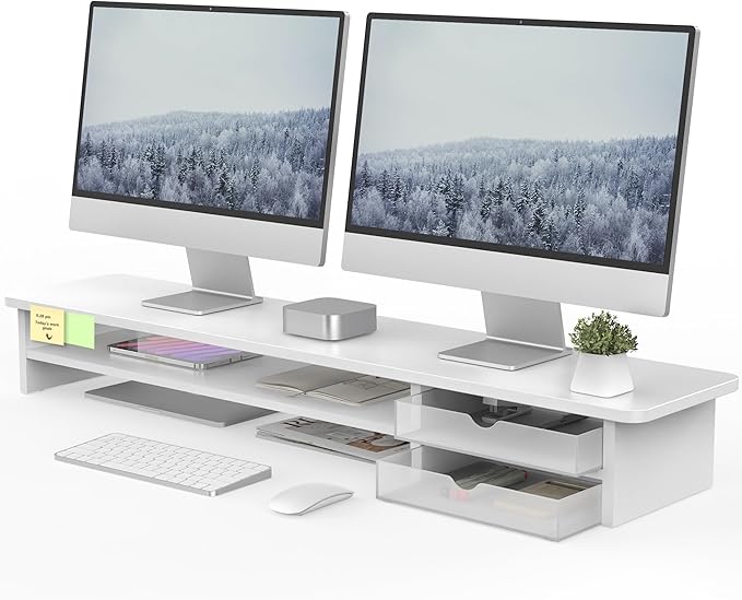 Fenge Monitor Stand, Dual Monitor Riser, 42.5inch Large Desk Computer Monitor Stand Riser with Drawer, 2 Tier Wood & Acrylic Desktop Organizer for Computer, Laptop, Printer, TV Screen Riser-DeskLoop Office