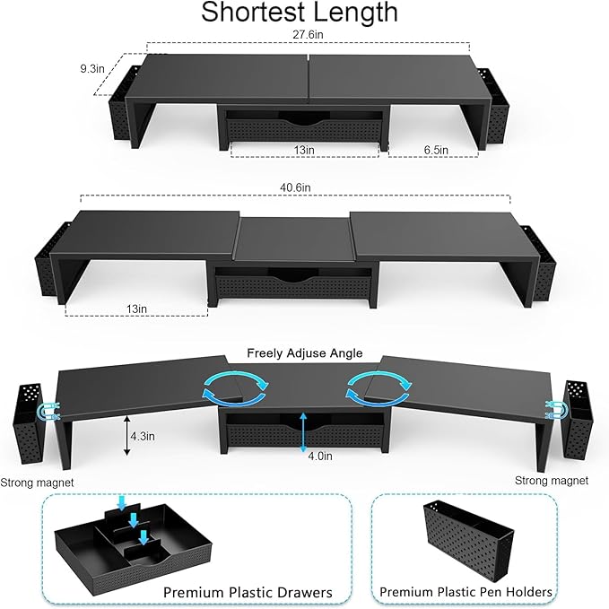 gianotter Dual Monitor Stand Riser, Desk Organizer With Drawer and 2 Pen Holders, Computer Monitor Stand, Desk Shelf for Top of Desk, Balck-DeskLoop Office