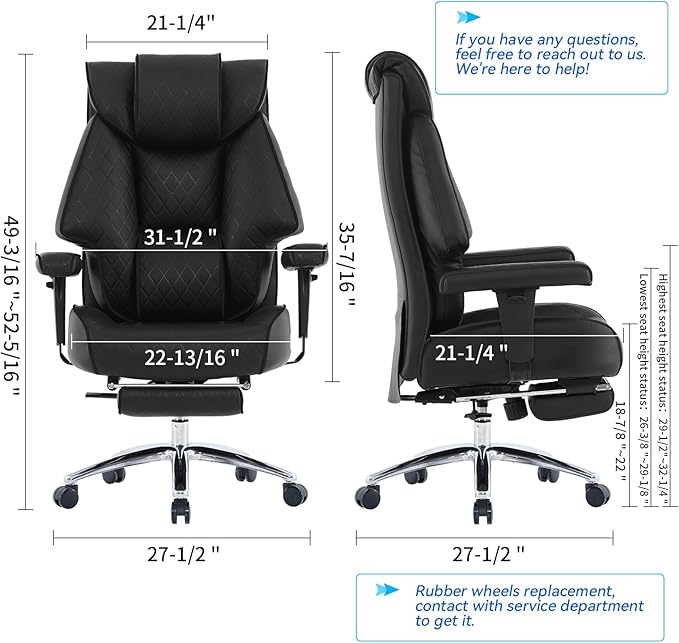 Big and Tall Office Chair with Footrest, PU Leather High Back Executive Office Chair 400lbs, Ergonomic Computer Chairs Lumbar Support for Heavy People (All Black)-DeskLoop Office